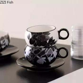 Черная рододендроновая чашка для кофе латте, креативная керамическая кружка для офиса, послеобеденный чай, соковый напиток, чашка для дома, молочная чашка, набор для напитков 270ml