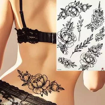 Черная роза, пион, листья, временные татуировки для женщин, поддельные сексуальные цветы, боди-арт, татуировки, бумага для вечеринки