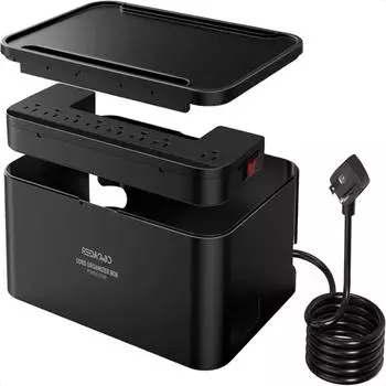 Черная розеточная коробка с коробкой для укладки кабелей, плата питания, защитный кожух с 8 розетками и 3 USB-портами с управлением чёрный