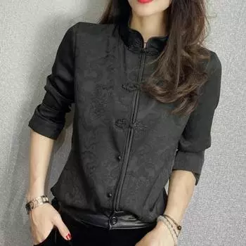 Черная рубашка на пуговицах с длинным рукавом. Женские рубашки Cheongsam в китайском стиле. S чёрный