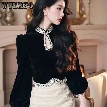 Черная рубашка Senior Sense of Stand Collar Velvet Shirt с длинными рукавами Женская осенне-зимняя уникальная стилистика Абсолютно красивые короткие топы XL