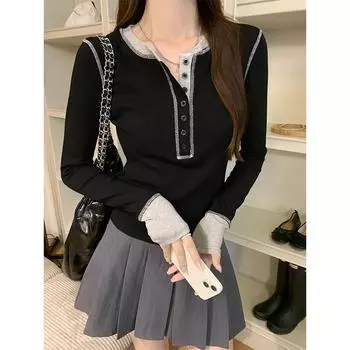 Черная рубашка в стиле ретро с круглым вырезом и правым плечом, эластичная, тонкая, с низом, контрастного цвета, для ранней осени, женская футболка с длинными рукавами S