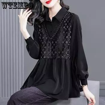 Черная рубашка женская с длинными рукавами большого размера в стиле пэчворк, рубашка средней длины, женская повседневная свободная футболка M чёрный
