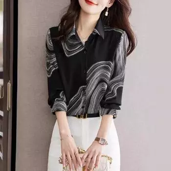 Черная рубашка женская весенняя одежда дизайн нишевая шифоновая рубашка с принтом в стиле вестерн маленькая рубашка с длинными рукавами топ S белый