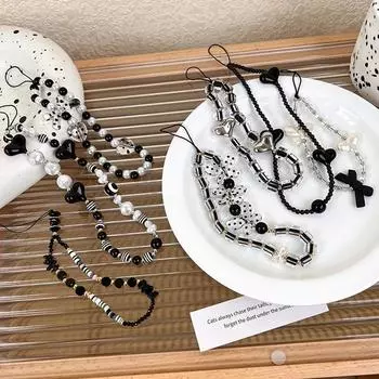 Черная серия цепочка для мобильного телефона с бусинами, женский подвесной ремешок, акриловый чехол для телефона Love, ремешок для часов, подвеска, ювелирные аксессуары