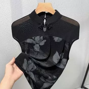 Черная сетчатая футболка с короткими рукавами и воротником-стойкой в китайском стиле для женщин, новая летняя тонкая базовая рубашка с отложным верхом в китайском стиле S чёрный