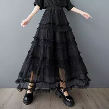 Черная сетчатая кружевная юбка большого размера с высокой талией, винтажная, летняя, повседневная, свободная, длинная, для женщин, женская юбка