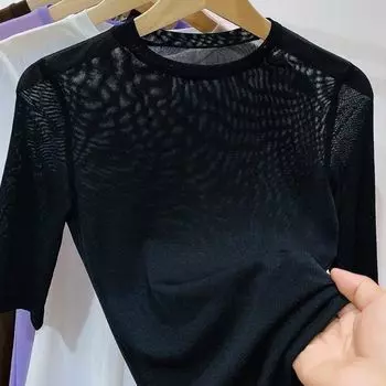 Черная сетчатая рубашка для женщин на весну и осень. Прозрачная тонкая шифоновая рубашка. Кружевная футболка. Топ из ледяного шелка. Лето. S чёрный
