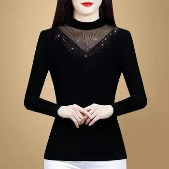 Черная сетчатая рубашка для женщин зимой, новый стиль, длинные рукава, женщины могут носить футболки, топы для улицы и дома M