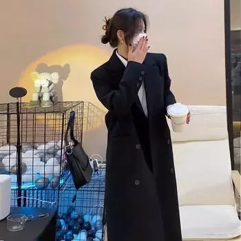Черная шерстяная куртка женская средней и длинной длины осень-зима 2024 года корейская версия мужской костюм в стиле Хепберн небольшого размера корейское шерстяное пальто S