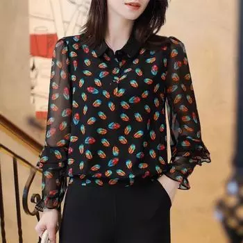 Черная шифоновая рубашка с цветочным принтом, женская блузка с длинными рукавами и рюшами на шнуровке, винтажный укороченный топ M-4XL M чёрный