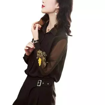 Черная шифоновая женская рубашка с вышивкой с длинными рукавами Loose Boulse L красный