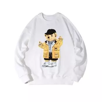 Черная шляпа Медведь Модный принтованный топ, повседневная спортивная одежда на осень и зиму, хлопковая толстовка M белый