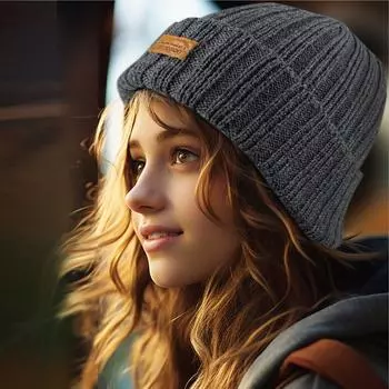 Черная шляпа с кожаным лейблом, теплая вязаная шапка, японская ретро-уличная холодная шапка, шерстяная шапка чёрный