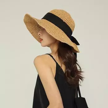 Черная шляпа-ведро с бантом, женская соломенная шляпа с большим карнизом, летняя, универсальная, солнцезащитный козырек, весна-лето one size fits all хаки
