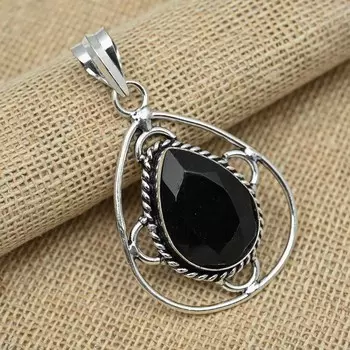 Черная шпинель, драгоценный камень, стерлинговое серебро 925 пробы, кулон, ювелирные изделия ручной работы, свадебный подарок 2.16 Inches чёрный