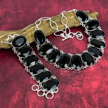 Черная шпинель, стерлинговое серебро 925 пробы, ожерелье и браслет, комплект ювелирных изделий, новый дизайн ручной работы, ювелирные изделия из драгоценных камней, регулируемая цепочка, ювелирный подарок для мамы Adjustable With 8 -18 чёрный