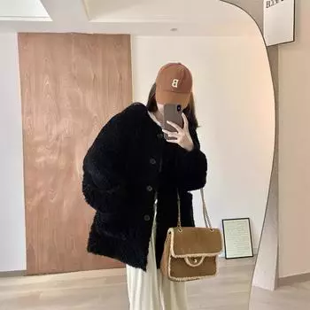 Черная шуба с круглым вырезом, женская зимняя, новая популярная, с интегрированным мехом, мягкая, вощеная, экологически чистая, плюшевая овечья шерсть S чёрный