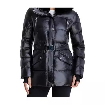 Черная стеганая куртка с поясом и воротником из искусственного меха MICHAEL KORS