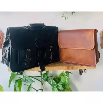 Черная сумка-мессенджер из козьей кожи, сумка-портфель ручной работы ( Бесплатная подарочная коричневая сумка через плечо размером 9 x 7 x 3 дюйма ) 10 x 13 x 4 in чёрный