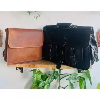 Черная сумка-мессенджер из козьей кожи, сумка-портфель ручной работы ( Бесплатная подарочная коричневая сумка через плечо размером 9 x 7 x 3 дюйма ) 10 x 13 x 4 in чёрный