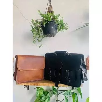 Черная сумка-мессенджер из козьей кожи, сумка-портфель ручной работы ( Бесплатная подарочная коричневая сумка через плечо размером 9 x 7 x 3 дюйма ) 10 x 13 x 4 in чёрный