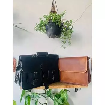 Черная сумка-мессенджер из козьей кожи, сумка-портфель ручной работы ( Бесплатная подарочная коричневая сумка через плечо размером 9 x 7 x 3 дюйма ) 10 x 13 x 4 in чёрный