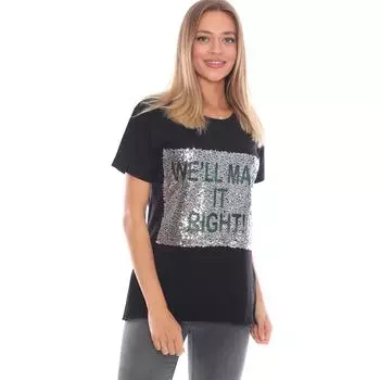 Черная свободная женская футболка с вышивкой и блестками с буквенным принтом