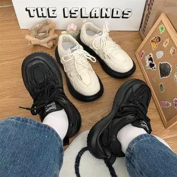 Черная толстая подошва, увеличивающая рост, женская ретро-новая осенняя универсальная легкая спортивная обувь для студентов 35 чёрный