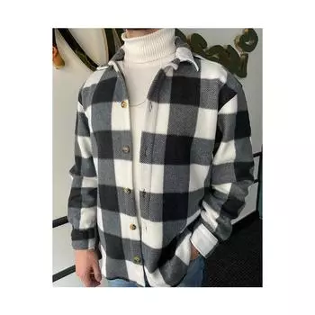 Черная толстая зимняя мужская флисовая рубашка в клетку в клетку большого размера