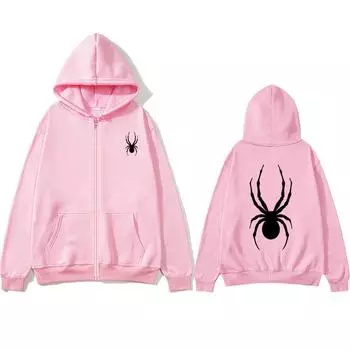 Черная толстовка на молнии с пауком, толстовка большого размера, уличная одежда, женская толстовка, женская толстовка с карманом и длинным рукавом, черная толстовка на молнии с пауком S