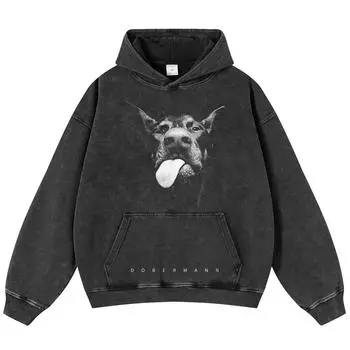 Черная толстовка унисекс с капюшоном Streetwear Doberman Dog Washed S чёрный