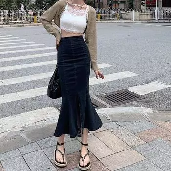 Черная юбка-бюстье из джинсовой ткани с высокой талией, эластичная, универсальная, с открытыми разрезами и эластичным поясом, средней длины S синий