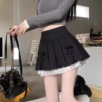 Черная юбка-бюстье с кружевным краем и бантом, женская новая тонкая плиссированная юбка с высокой талией S 75-45 kg