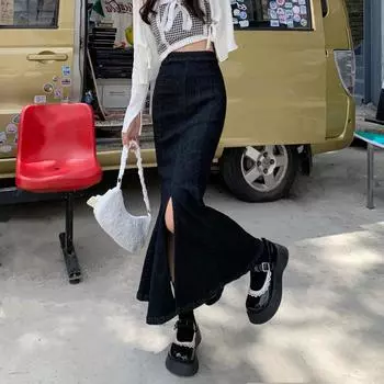 Черная юбка-бюстье с высокой талией, женская летняя, тонкая, открытая, эластичная, с разрезом на бедрах, универсальная, удобная, модная, джинсовая юбка-бюстье S синий