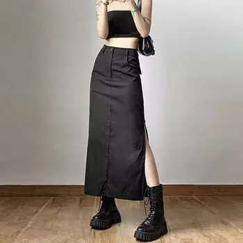 Черная юбка-карандаш с разрезом для женщин, весна-лето, высокая талия, облегающая бедра, женская одежда High Street Y2k S чёрный