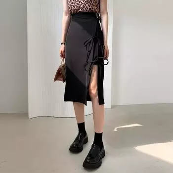 Черная юбка-миди с разрезом для женщин, летняя тонкая элегантная тонкая юбка трапециевидной формы с высокой талией, бандажная модная одежда в корейском стиле S чёрный