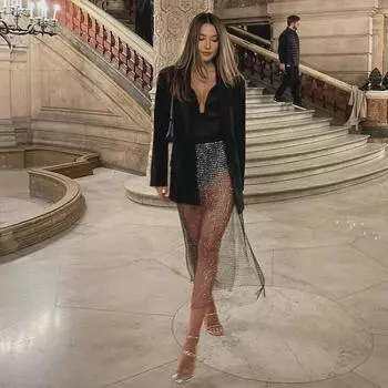 Черная юбка-миди в сетку со стразами для женщин L чёрный