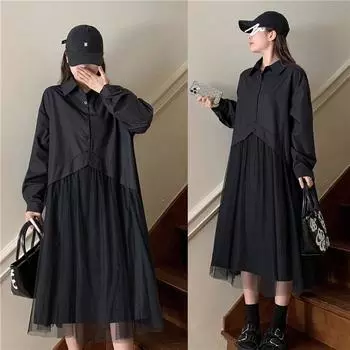 Черная юбка-рубашка Платье оверсайз Свободное платье с длинными рукавами XL чёрный