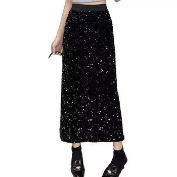 Черная юбка с блестками для женщин, осенняя длинная юбка с разрезом и высокой талией, модная уличная одежда трапециевидной формы, одежда в корейском стиле, женская Y2k one size чёрный
