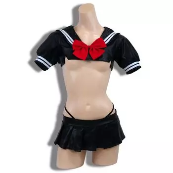 Черная униформа моряка Omen, косплей, кожаная сексуальная мини-юбка, короткие рукава, черные шорты, комплект, красная женская футболка (1115-Черный + Лента, М)