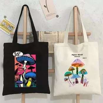 Черная винтажная аниме-сумка, красочный грибной принт, женская сумка-шоппер Ulzzang Gothic Harajuku, холщовая сумка большой вместимости Y2k Bag 24*26cm