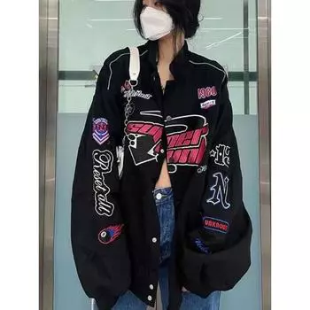 Черная винтажная куртка женская повседневная свободная куртка с длинным рукавом бейсбольная форма Kpop Harajuku модная уличная одежда Y2k S чёрный