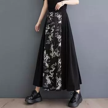 Черная винтажная летняя повседневная свободная длинная женская юбка с высокой талией больших размеров
