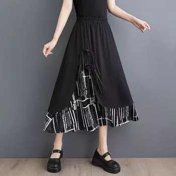 Черная винтажная летняя повседневная свободная длинная женская юбка с высокой талией больших размеров