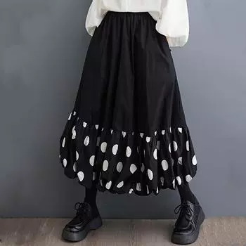 Черная винтажная юбка в горошек с высокой талией больших размеров, весна-лето-осень, повседневная свободная длинная женская юбка