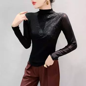 Черная водолазка, базовая рубашка для женщин с вышитой сеткой, футболка с длинными рукавами, нижнее белье, обтягивающая и стильная рубашка S чёрный