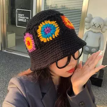 Черная вязаная крючком шерстяная шапка с цветком для детей, осенне-зимняя универсальная шляпа-ведро, теплая зимняя шапка-ушанка M56-58cm чёрный