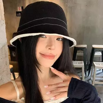 Черная вязаная шляпа-ведро, женская модная универсальная шляпа-ведро, большие поля, закрывающие лицо, маленькая шерстяная шляпа-ведро M56-58cm