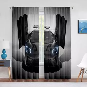 Черная вуаль со спортивным автомобилем и изображением скорости для гостиной, декора спальни, шифоновые шторы для экстремальных видов спорта, тюль для окна, вуаль, занавеска 1 PCS W100XH250cm&Rod Pocket